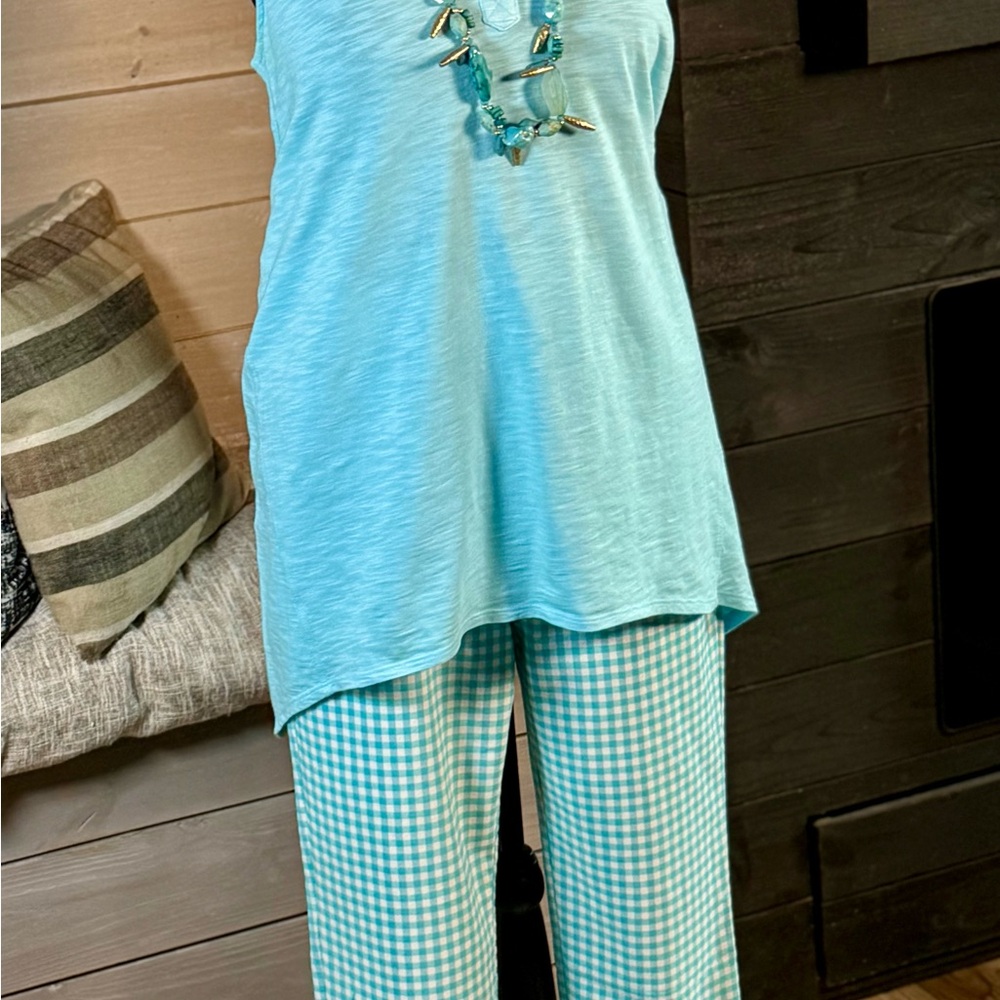 Chico's Turquoise Embroidered Blouse, Sleeveless Tunic and Gingham Pants Set - Picture 2 of 11